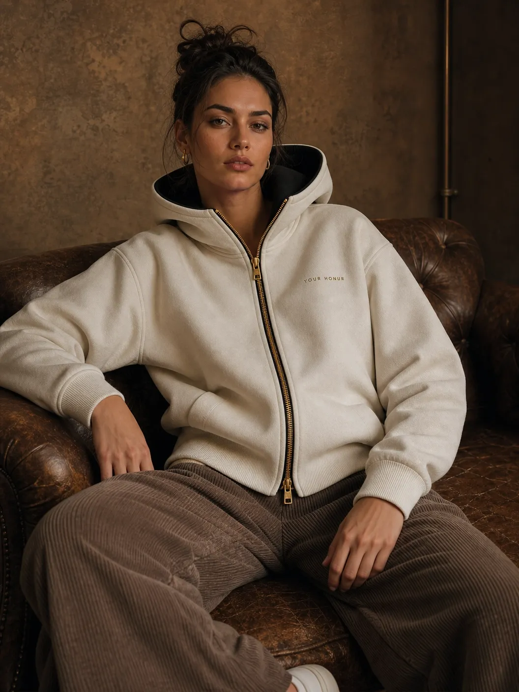 Cream reversible zip hoodie — warm interior light · Your Honur